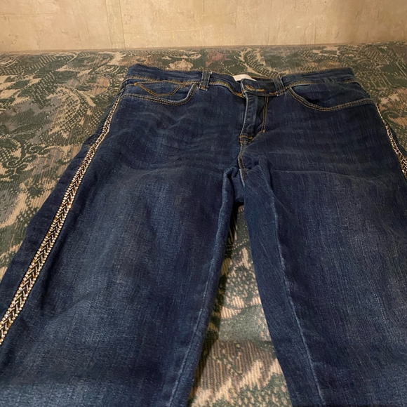 Women's Zara Jeans Blue Size 6 McBling Raw Hem Rhinestone Leg Stripe Ankle - Picture 2 of 10